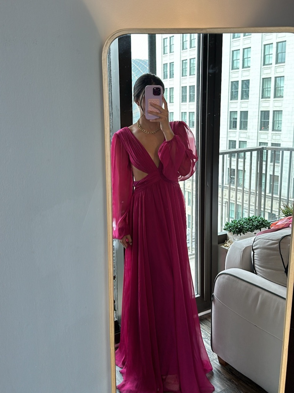 Ieena for Mac Duggal Pink Long Sleeve Chiffon Dress